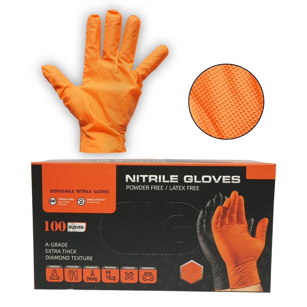 Manusi din nitril portocalii nepudrate cu textura diamond grip, marimea L 100 buc/cutie