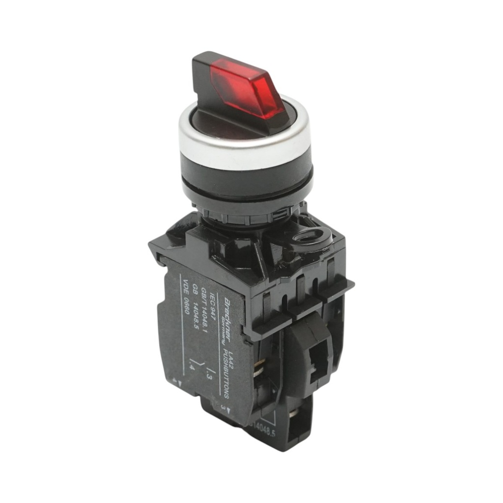 Buton selector iluminat 24V AC/DC LED rosu cu 3 pozitii 2NO, 10A/600V AC, 1A/250V DC LA42