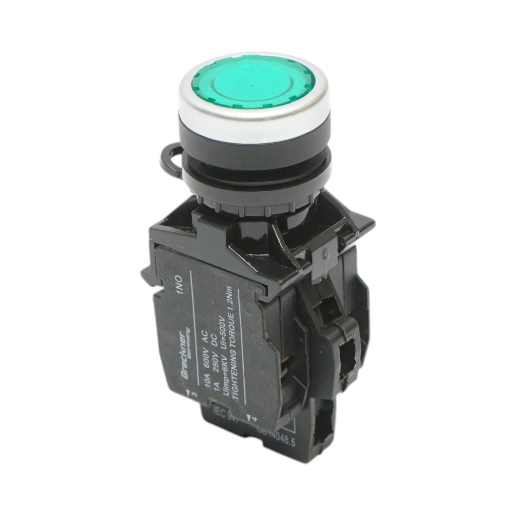 Buton comanda iluminat LED 24V AC/DC verde cu revenire 1NO+1NC, 10A/600V AC, 1A/250V DC LA42
