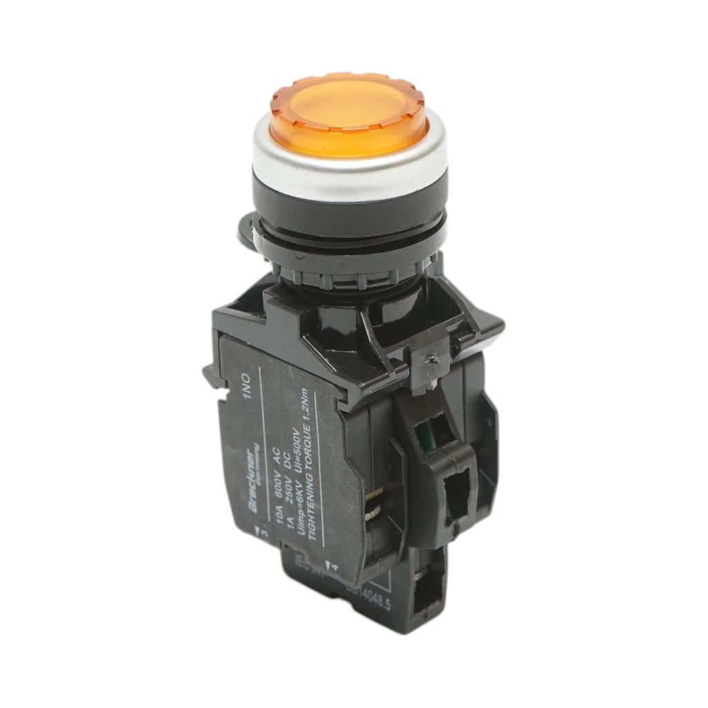 Buton comanda iluminat convex LED 220V AC galben cu revenire 1NO+1NC, 10A/600V AC, 1A/250V DC LA42