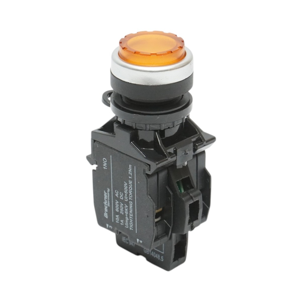 Buton comanda iluminat convex LED 24V AC/DC galben cu revenire 1NO+1NC, 10A/600V AC, 1A/250V DC LA42