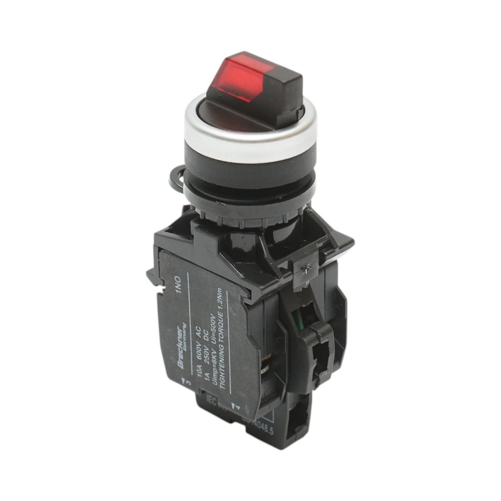 Buton selector iluminat 24V AC/DC LED rosu cu 2 pozitii 1NO+1NC, 10A/600V AC, 1A/250V DC LA42