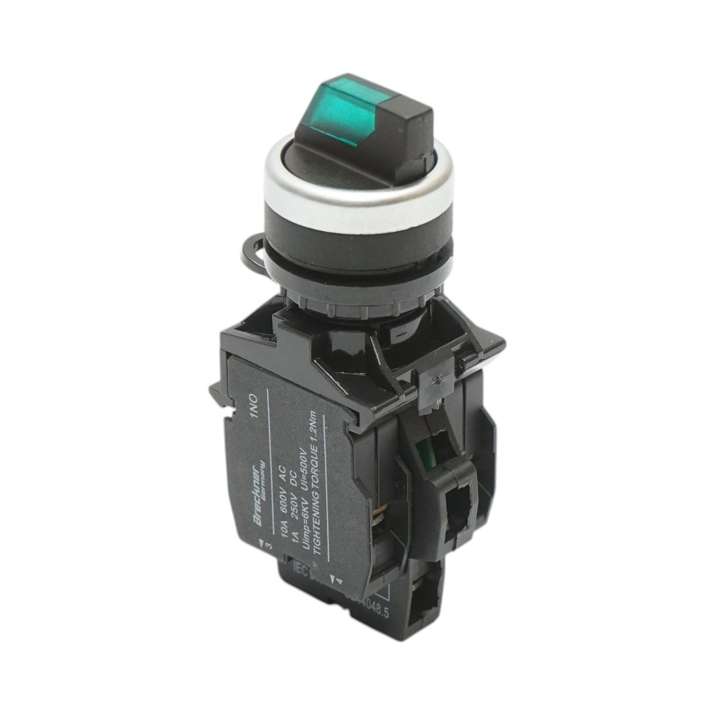 Buton selector iluminat 220V AC LED verde cu 3 pozitii 2NO, 10A/600V AC, 1A/250V DC LA42