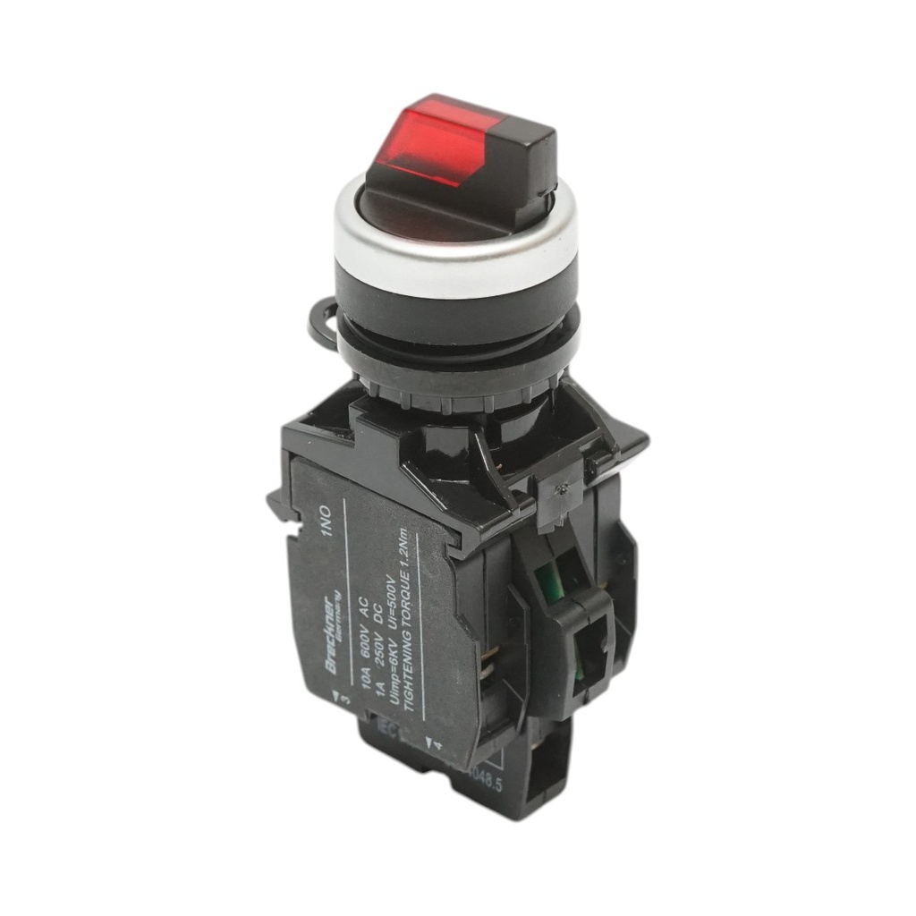 Buton selector iluminat 220V AC LED rosu cu 3 pozitii 2NO, 10A/600V AC, 1A/250V DC LA42