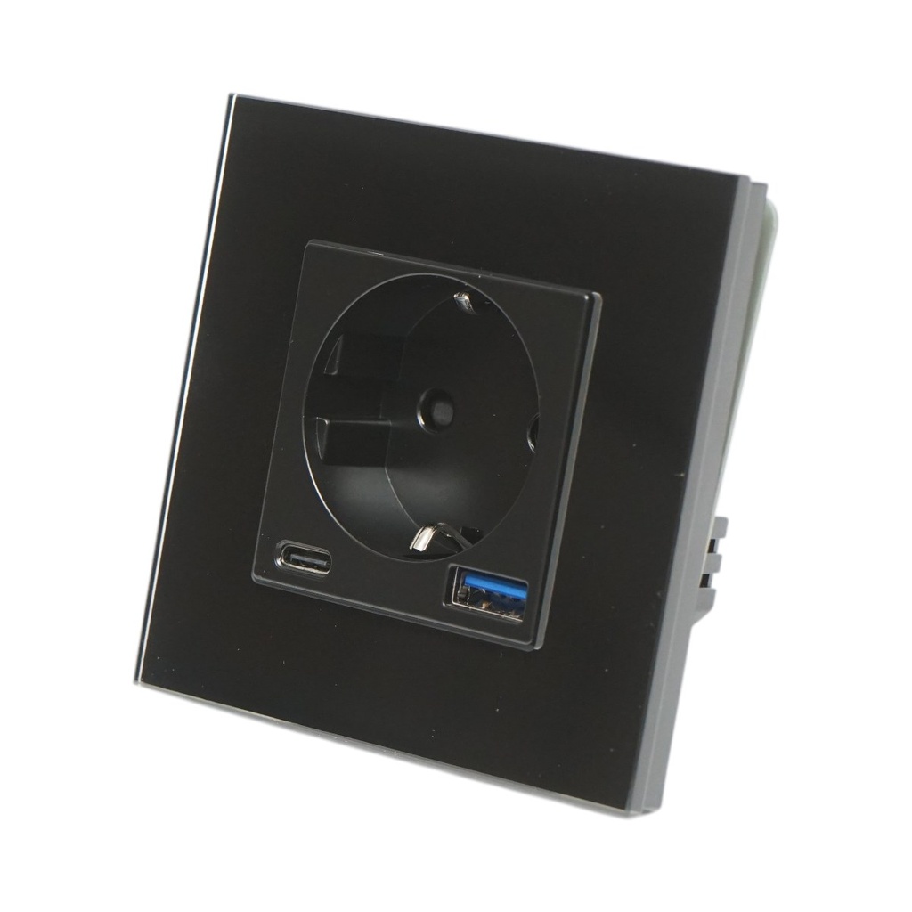 Priza schuko neagra 220V, 16A, 2xUSB A+C 20W incarcare rapida, rama sticla 86x86x34mm