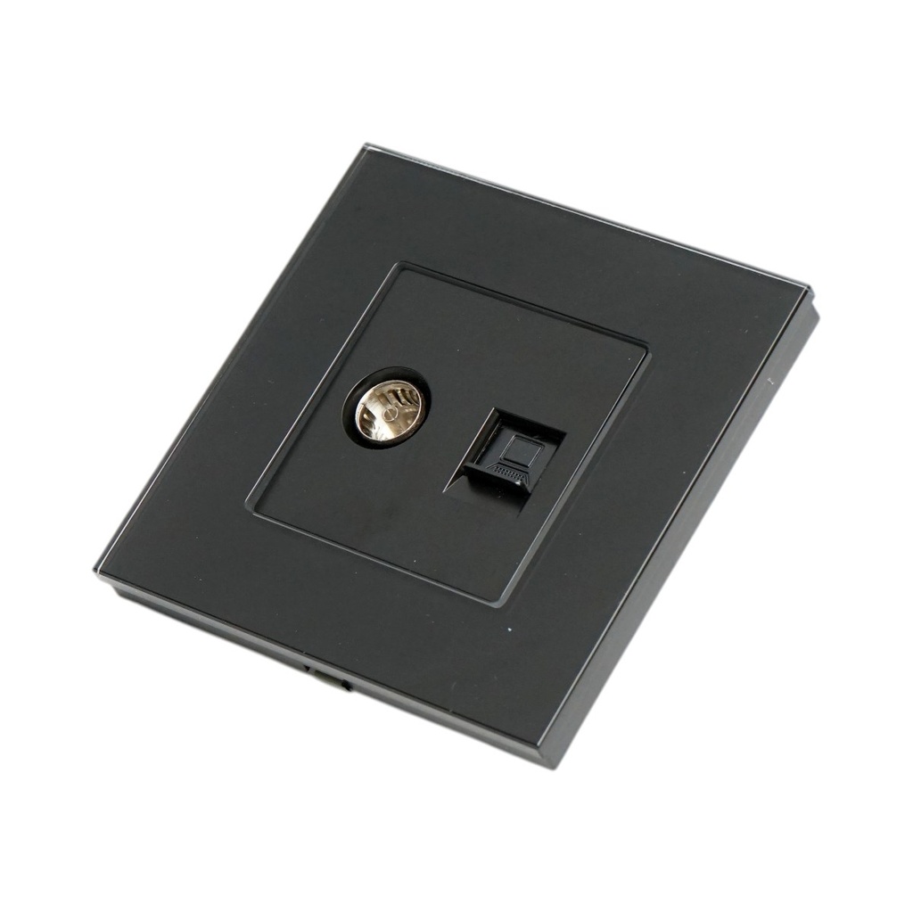 Priza TV + internet CAT5e RJ45, rama sticla neagra 86x86mm