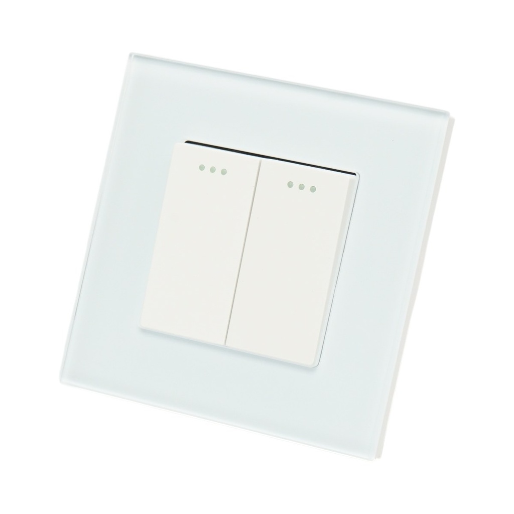 Intrerupator dublu cap scara alb incastrat 220V, 16AX, indicator luminos, rama sticla 86x86x34mm