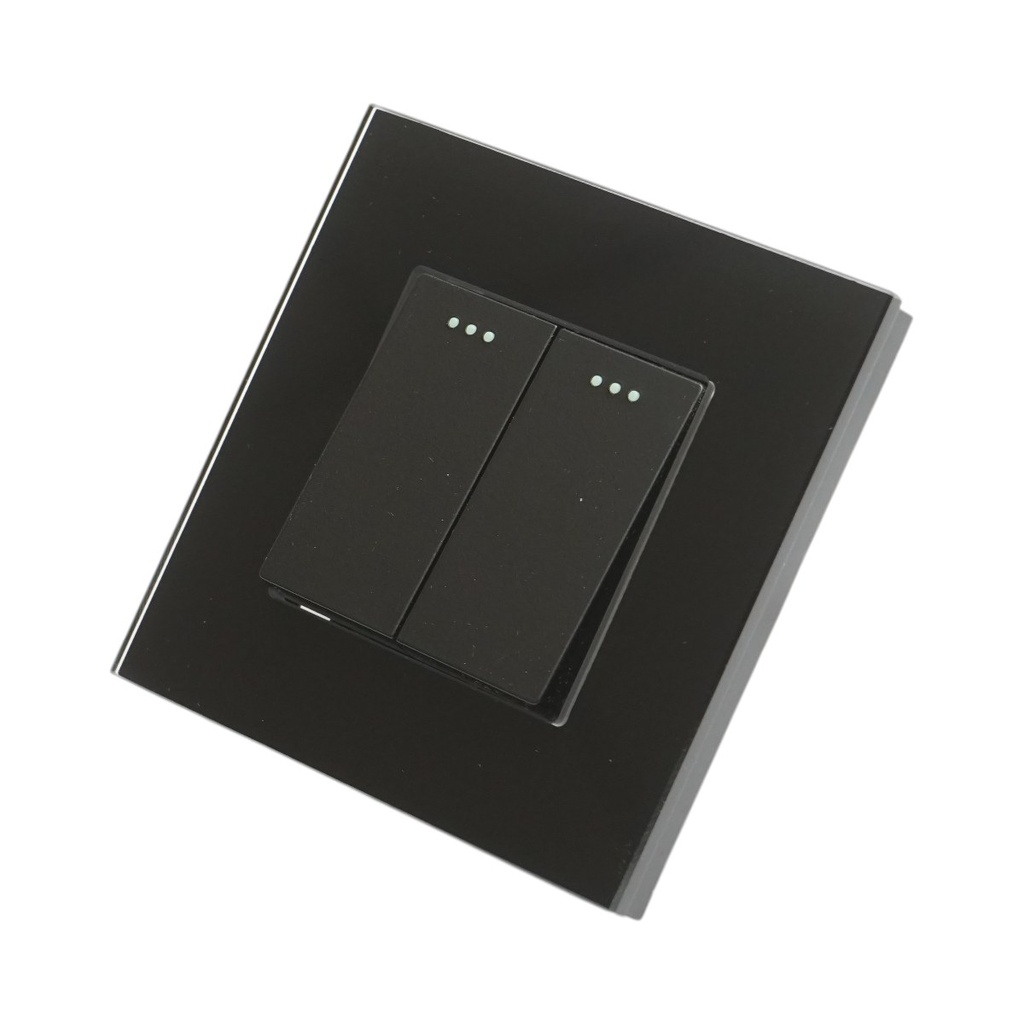 Intrerupator dublu cap scara negru incastrat 220V, 16AX, indicator luminos, rama sticla 86x86x34mm