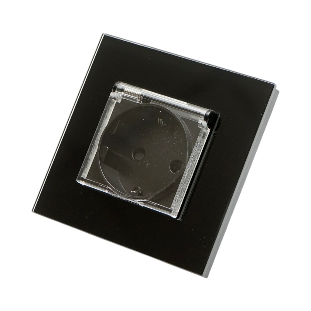 Priza schuko neagra 220V, 16A, capac transparent, rama sticla 86x86x34mm
