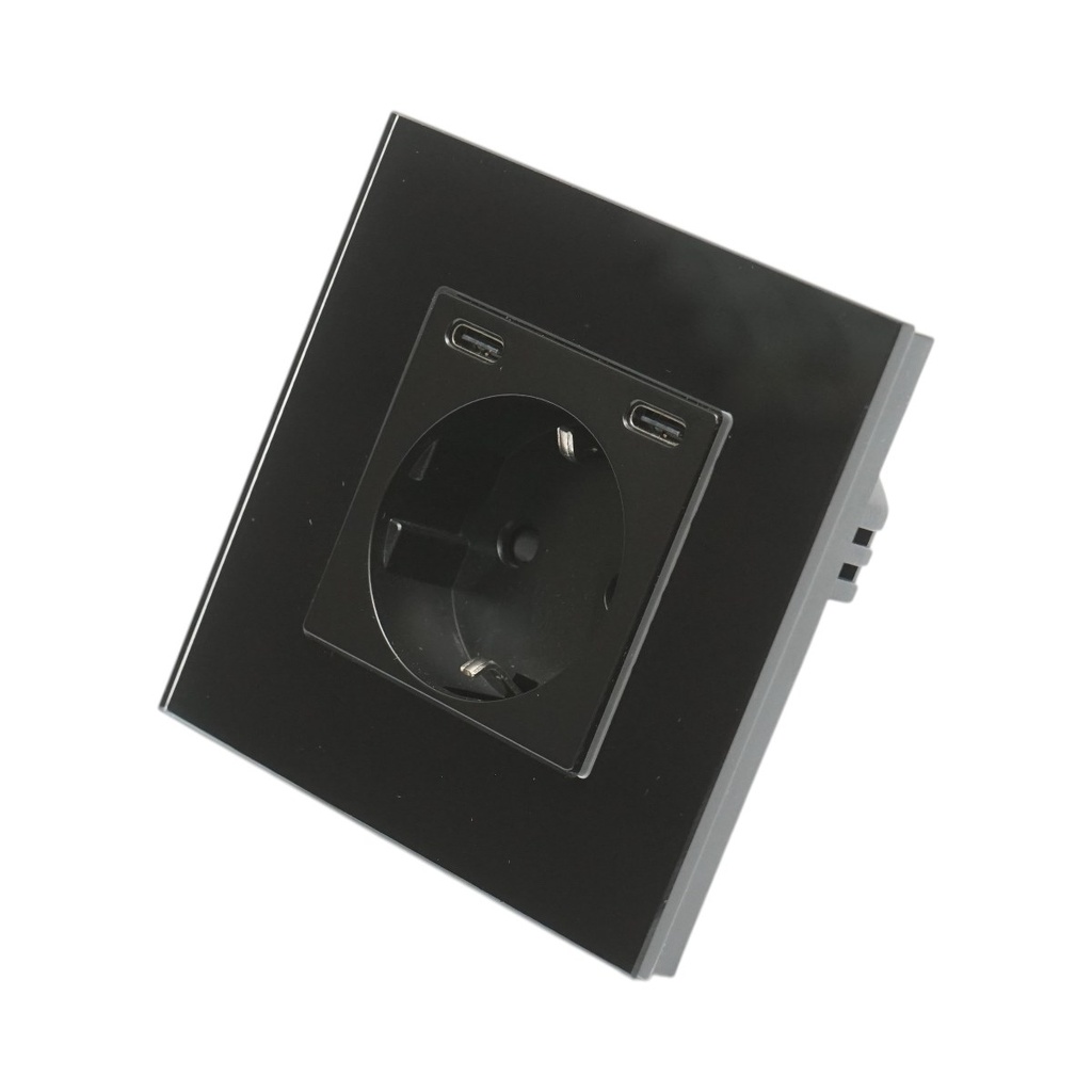 Priza schuko neagra 220V, 16A, 2xUSB-C 20W incarcare rapida, rama sticla 86x86x34mm