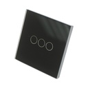 Intrerupator touch triplu cap scara negru 220V, indicator luminos, rama sticla 86x86x34mm
