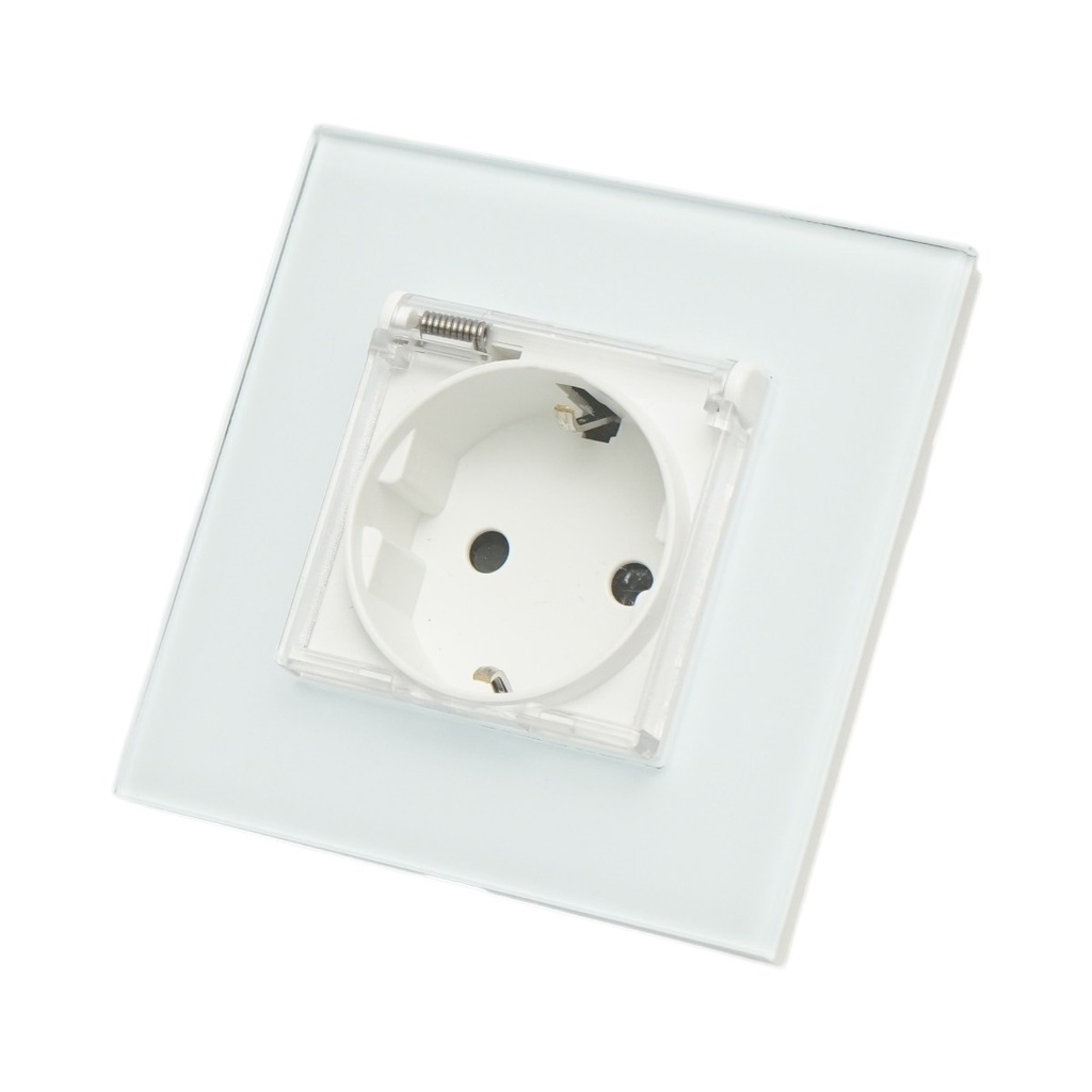 Priza schuko alba incastrata 220V, 16A, capac transparent, rama sticla 86x86x34mm