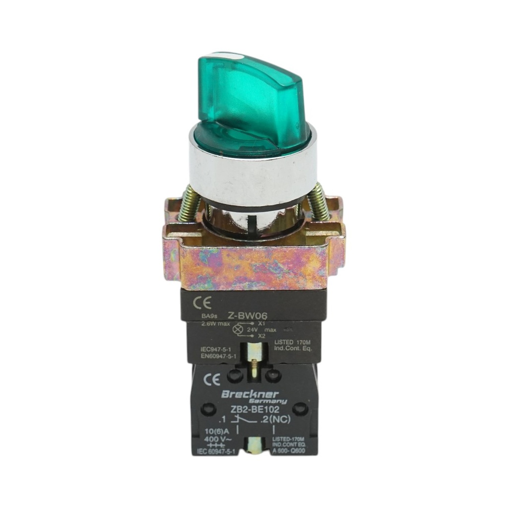 Selector 2 pozitii cu retinere si indicator semnalizare LED verde 1NO+1NC, 24V, LAY5