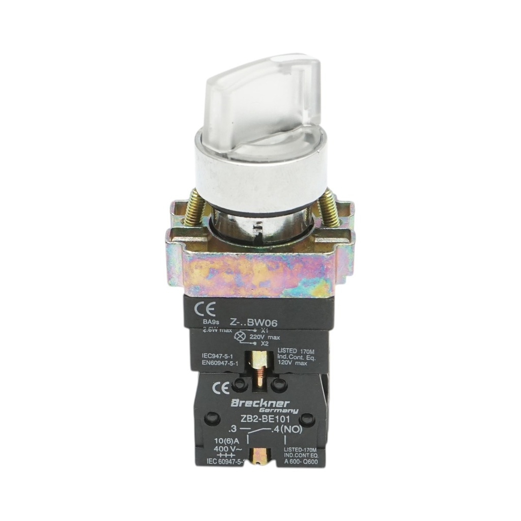 Selector 2 pozitii cu retinere si indicator semnalizare LED alb 1NO+1NC, 220V, LAY5
