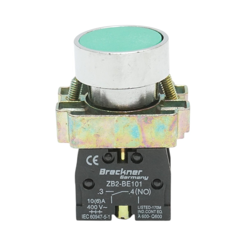 Buton comanda metalic verde cu revenire 1NO, 400V/10A, LAY5