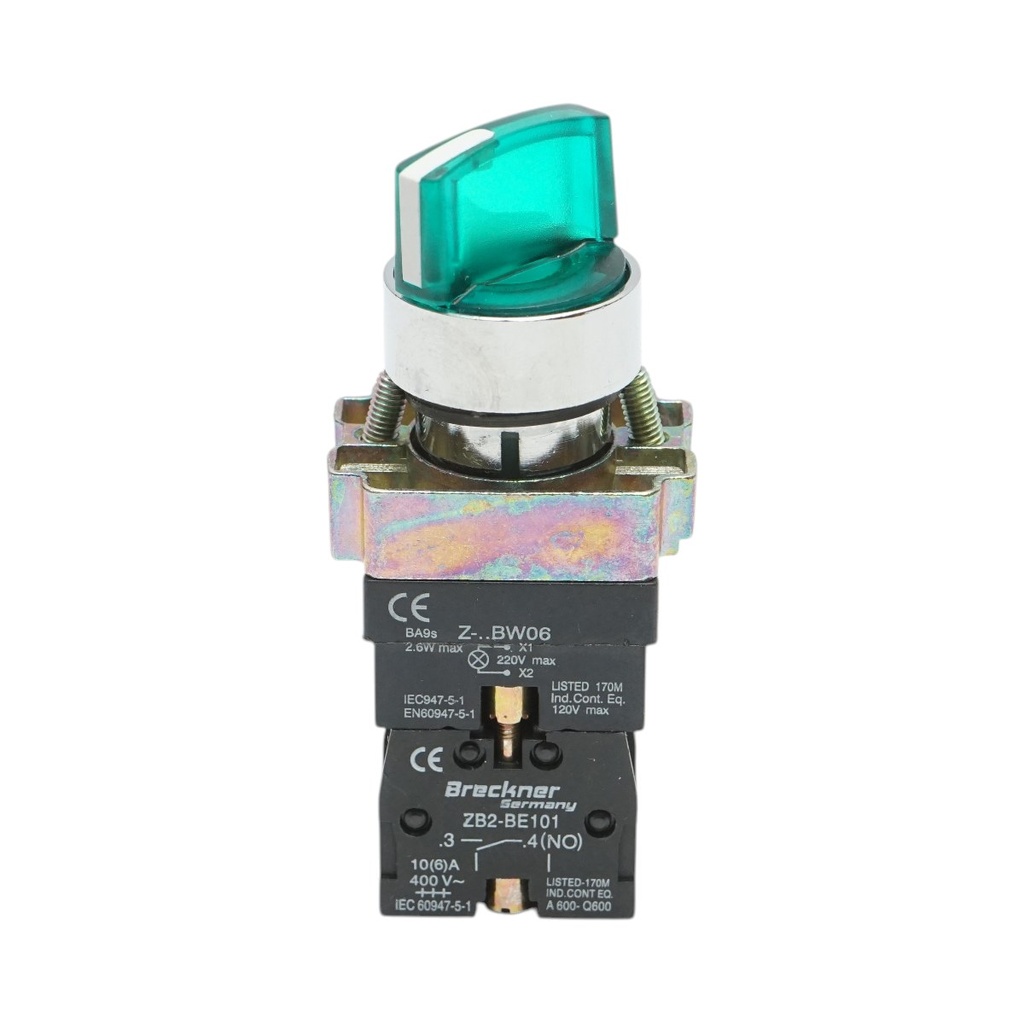 Selector 2 pozitii cu retinere si indicator semnalizare LED verde 1NO+1NC, 220V, LAY5