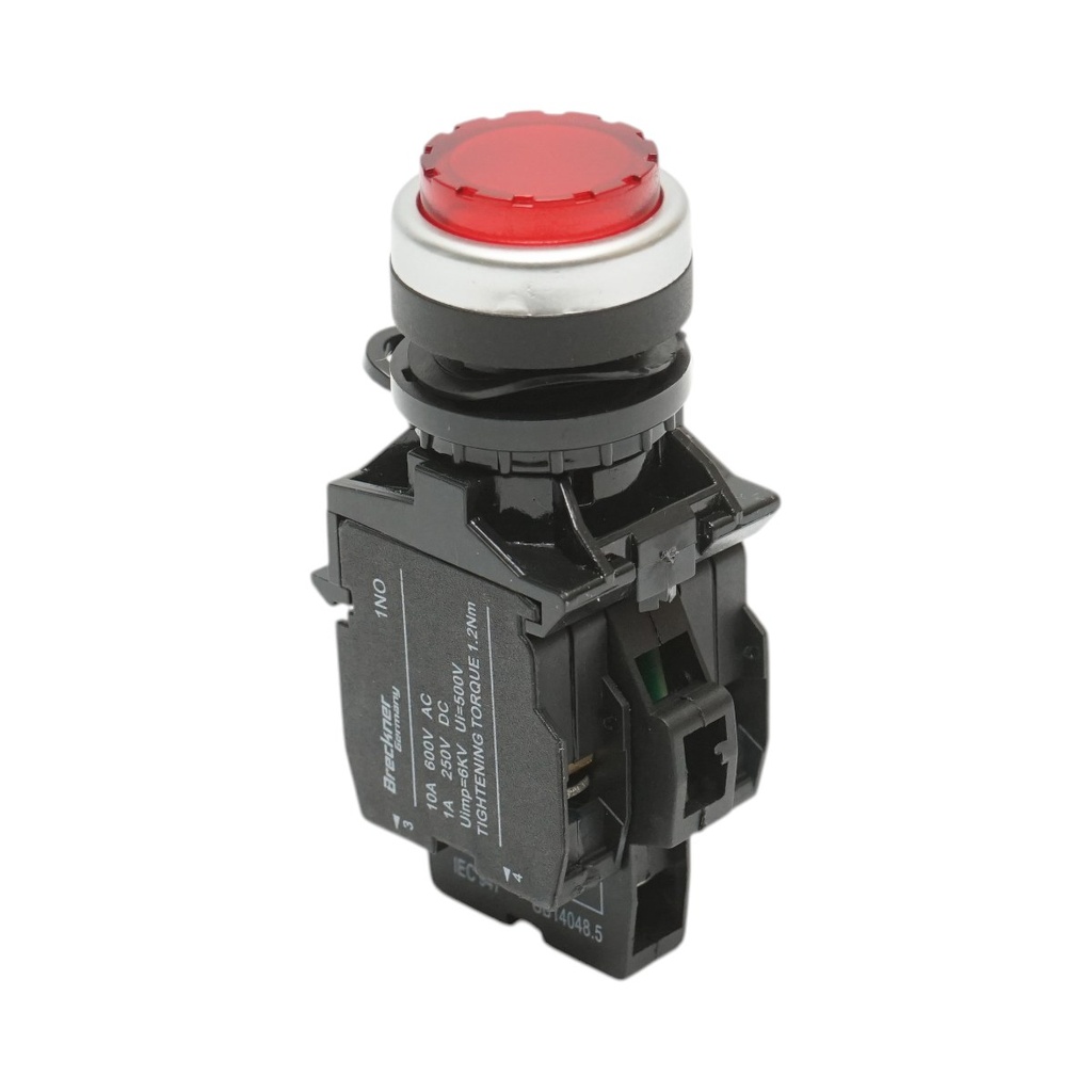Buton comanda iluminat convex LED 24V AC/DC rosu cu revenire 1NO+1NC, 10A/600V AC, 1A/250V DC TA42
