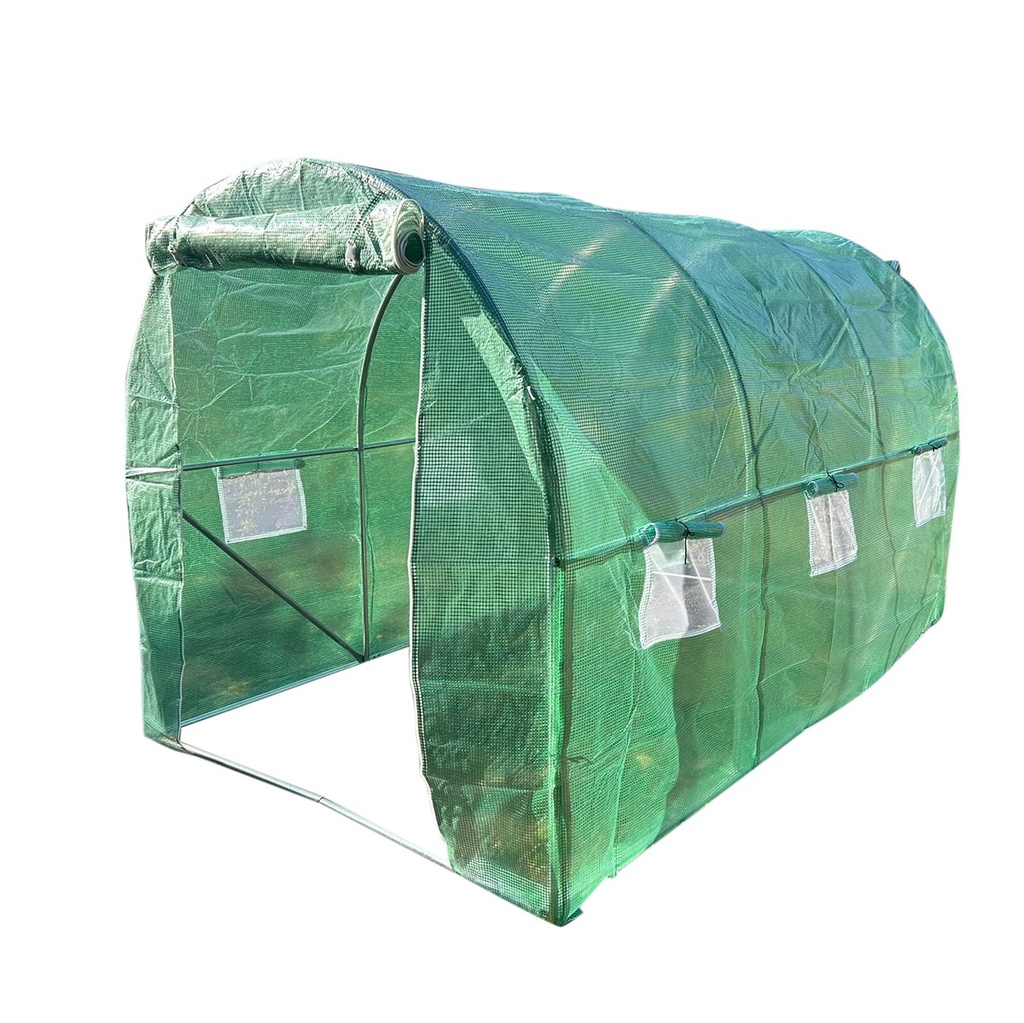 Solar de gradina 300x200x200cm cu sistem irigare, folie verde PE cu plasa 140g/mp UV, 6 ferestre, 2 usi, teava otel galvanizat 25mm THOR