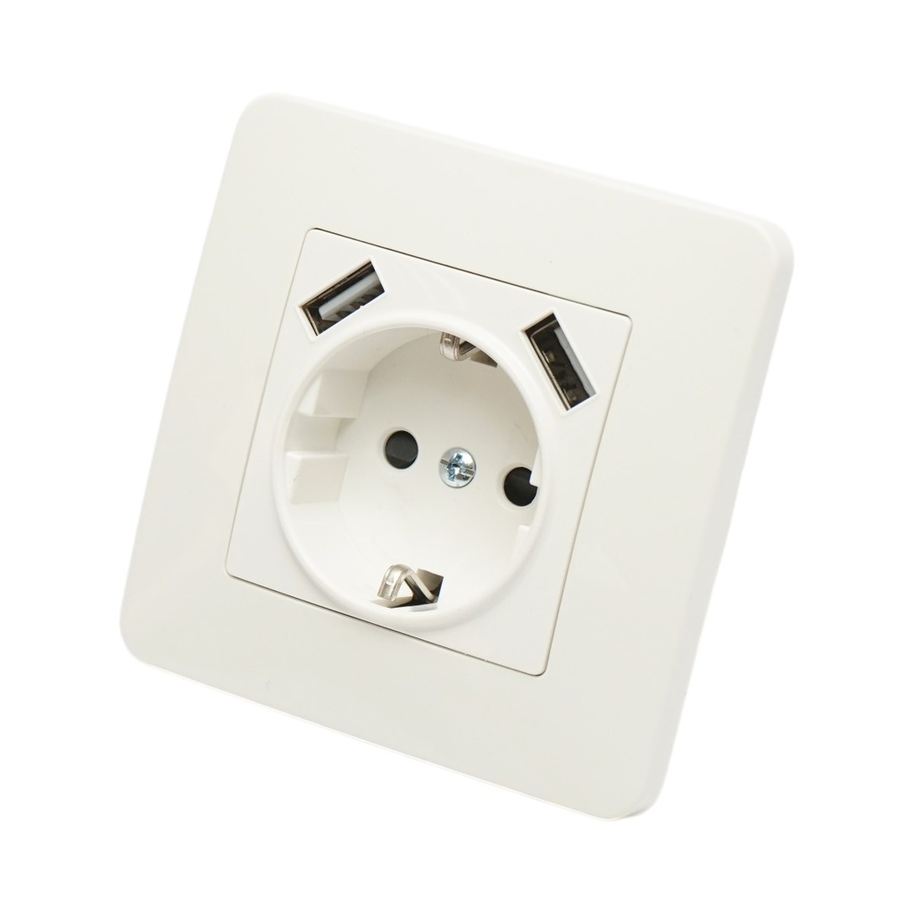 Priza schuko alba incastrata 220V, 16A, 2xUSB 5V 2.1A, PC 80x80mm