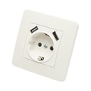 Priza schuko alba incastrata 220V, 16A, 2xUSB 5V 2.1A, PC 80x80mm