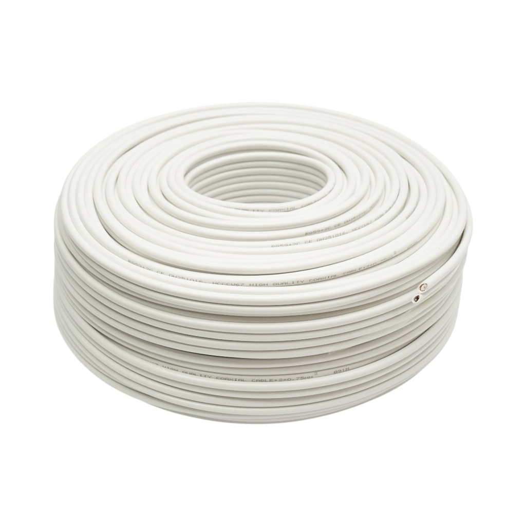 Cablu coaxial RG59 CCTV cupru siamez + alimentare 2x0.75mm CCA, 75 Ohm, PVC alb 100m/rola