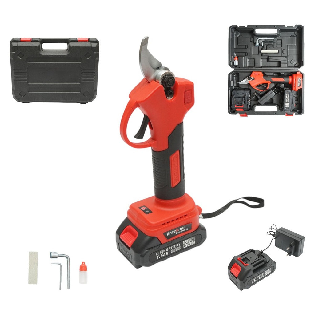 Foarfeca electrica de gradina cu 2 acumulatori 36V, 1.5Ah Li-Ion, 100W, diametru taiere 0-25mm, buton siguranta