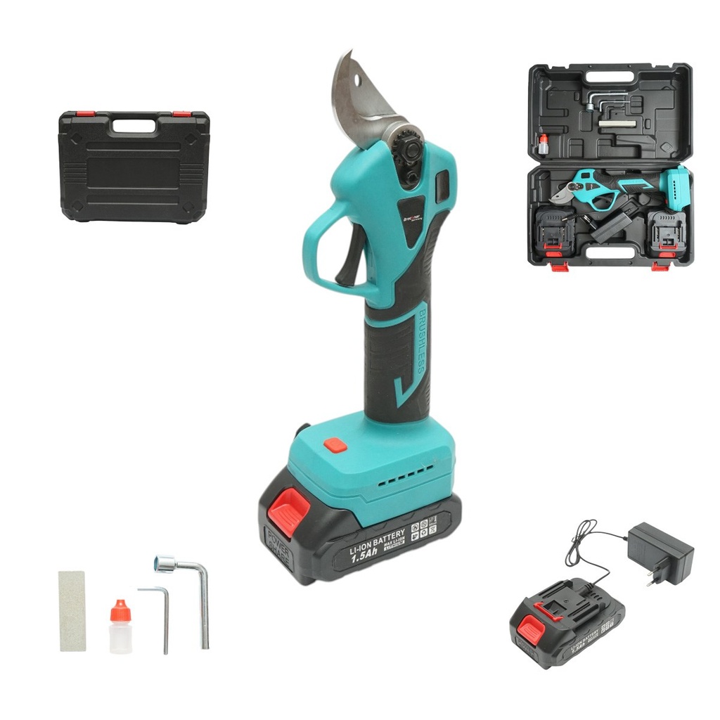 Foarfeca electrica de gradina cu 2 acumulatori 21V, 1.5Ah Li-Ion, brushless, diametru taiere 0-25mm, buton siguranta