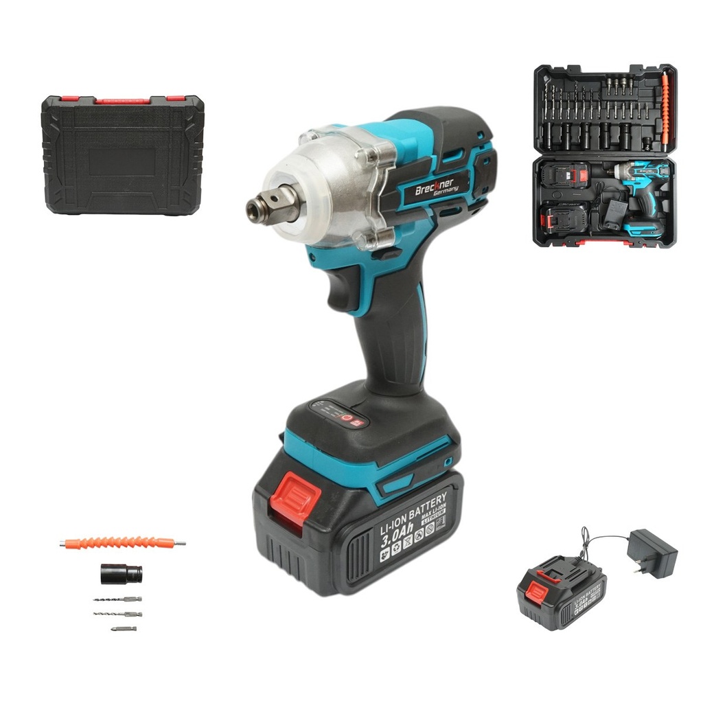 Masina de insurubat cu impact 1/2 inch, 2 acumulatori 21V, 3Ah Li-ion, LED, brushless, cuplu 400Nm, tubulare, burghie, biti 31 piese