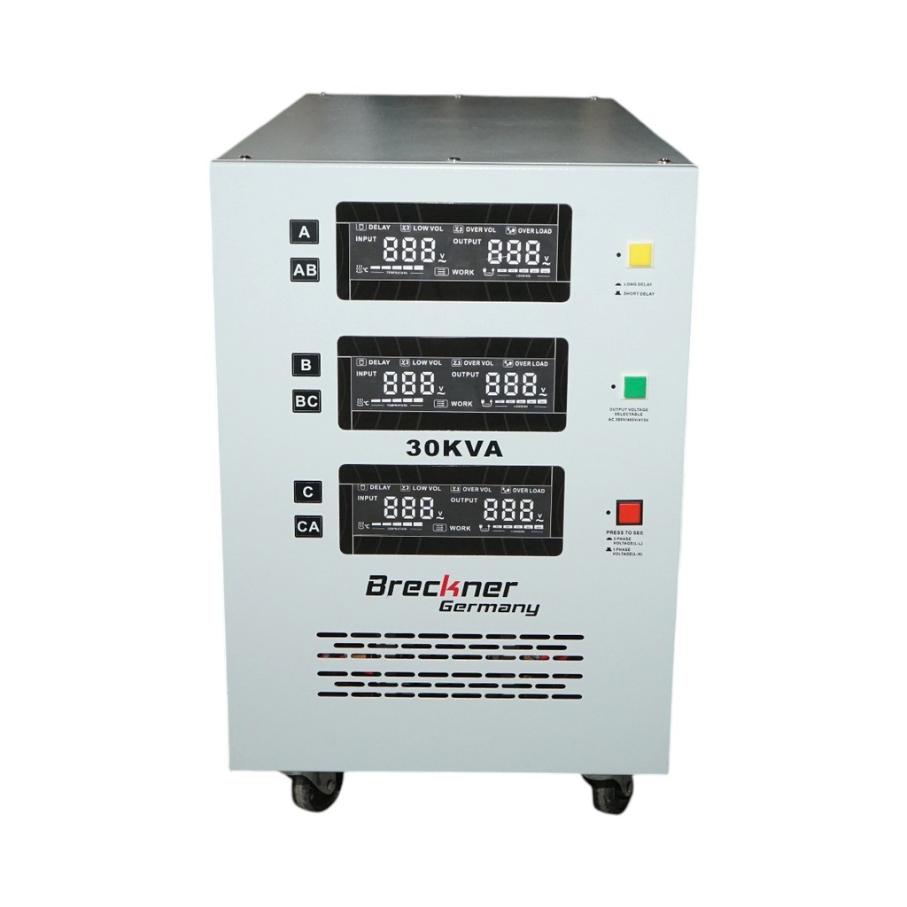 Stabilizator automat de tensiune 30KVA trifazat cu servomotor, bypass, afisaj LCD