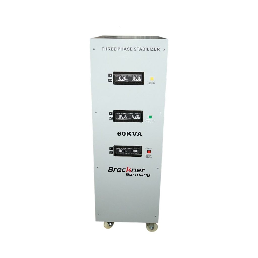 Stabilizator automat de tensiune 60KVA trifazat cu servomotor, bypass, afisaj LCD