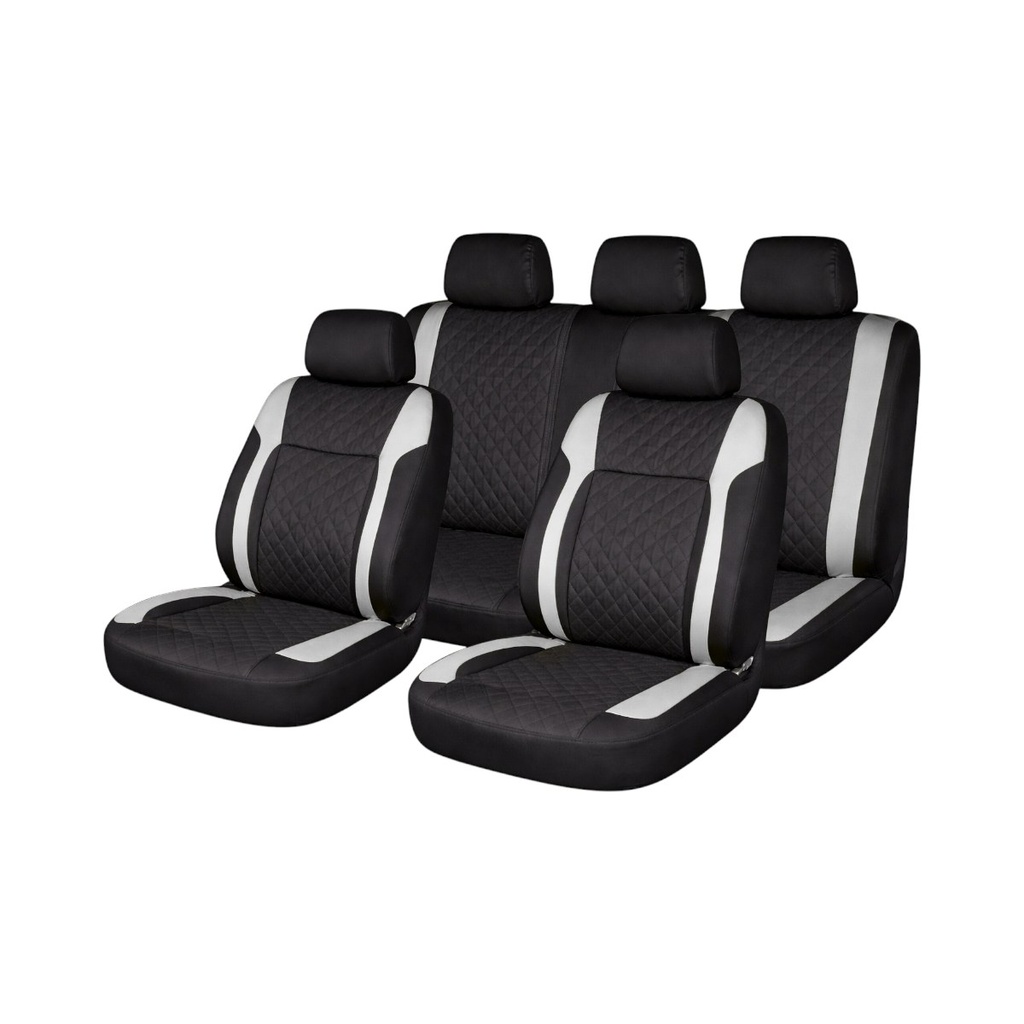 Set huse scaune auto universale negru-gri Diamond, piele ecologica matlasata 9 piese