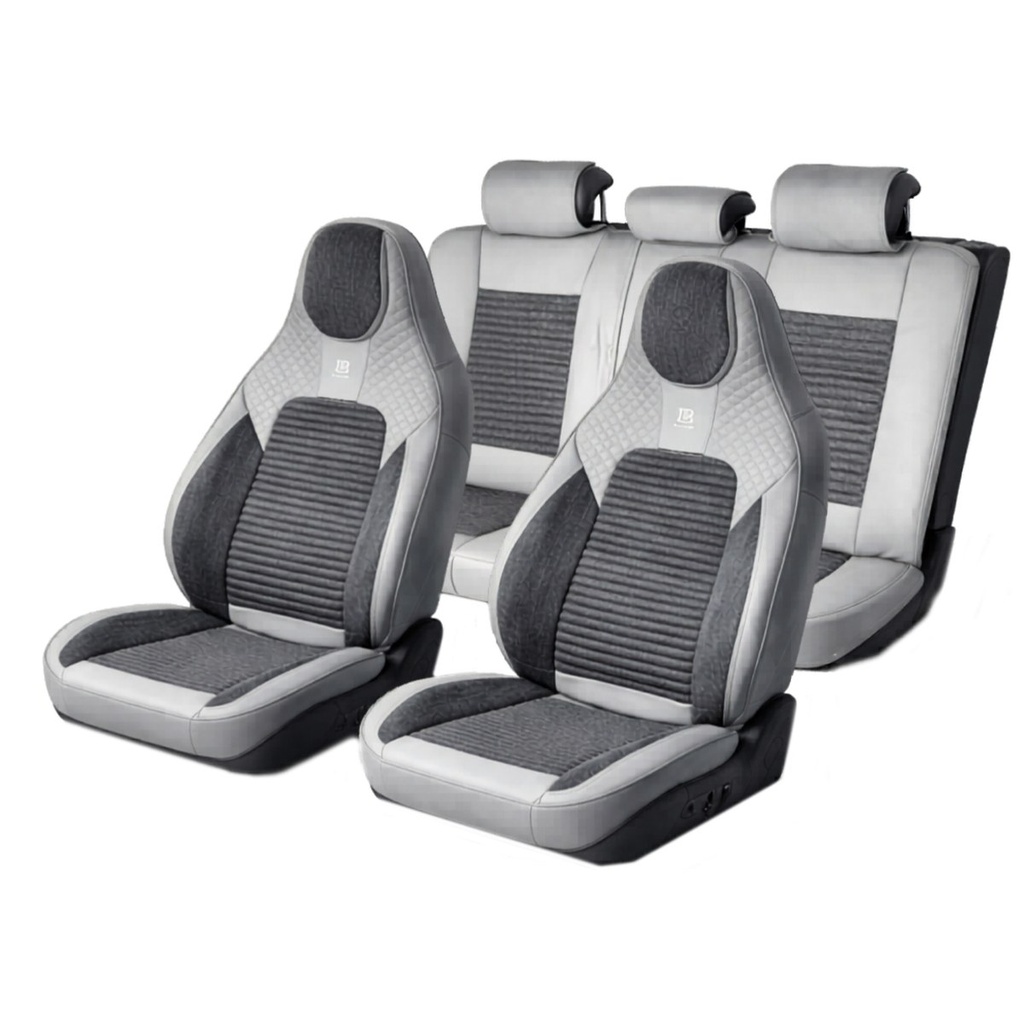 Set huse scaune auto Premium crem-gri universale, design sport ergonomic, piele ecologica cu insertii textile 11 piese