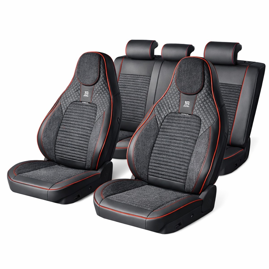 Set huse scaune auto Premium negru-rosu universale, design sport ergonomic, piele ecologica cu insertii textile 11 piese