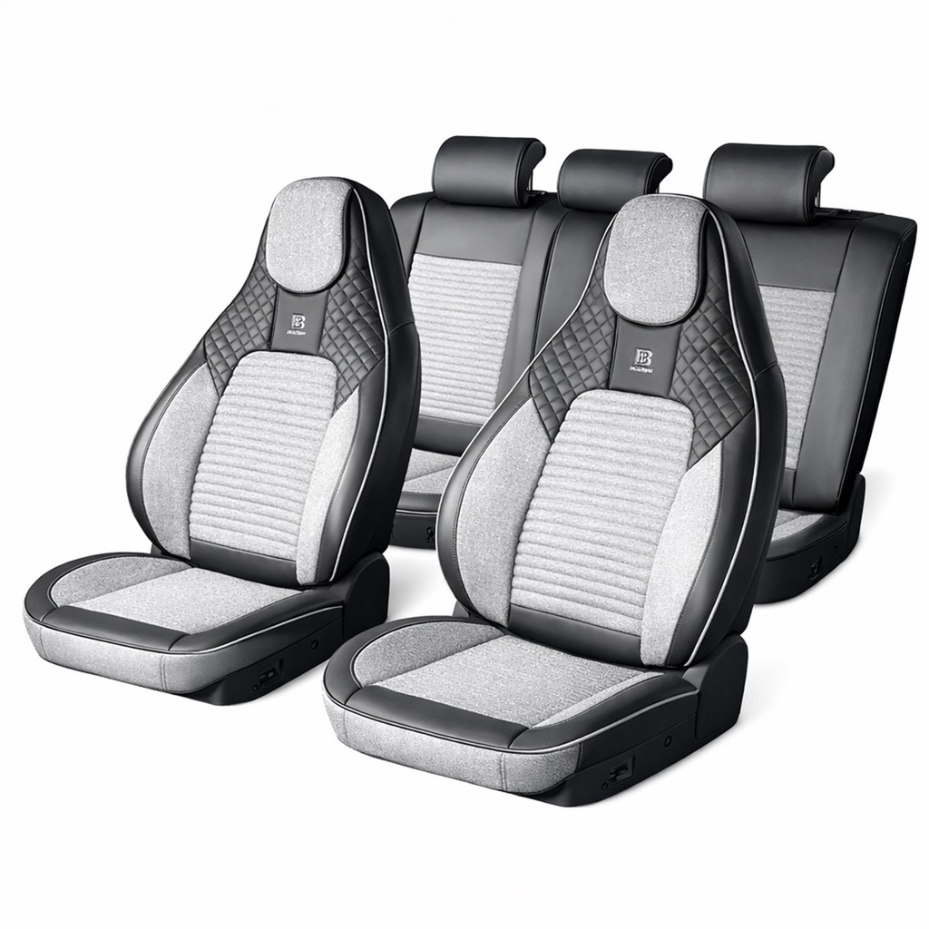 Set huse scaune auto Premium negru-gri universale, design sport ergonomic, piele ecologica cu insertii textile 11 piese