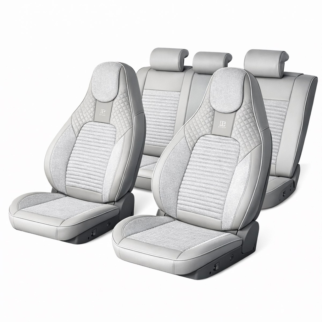 Set huse scaune auto Premium crem-gri universale, design sport ergonomic, piele ecologica cu insertii textile 11 piese