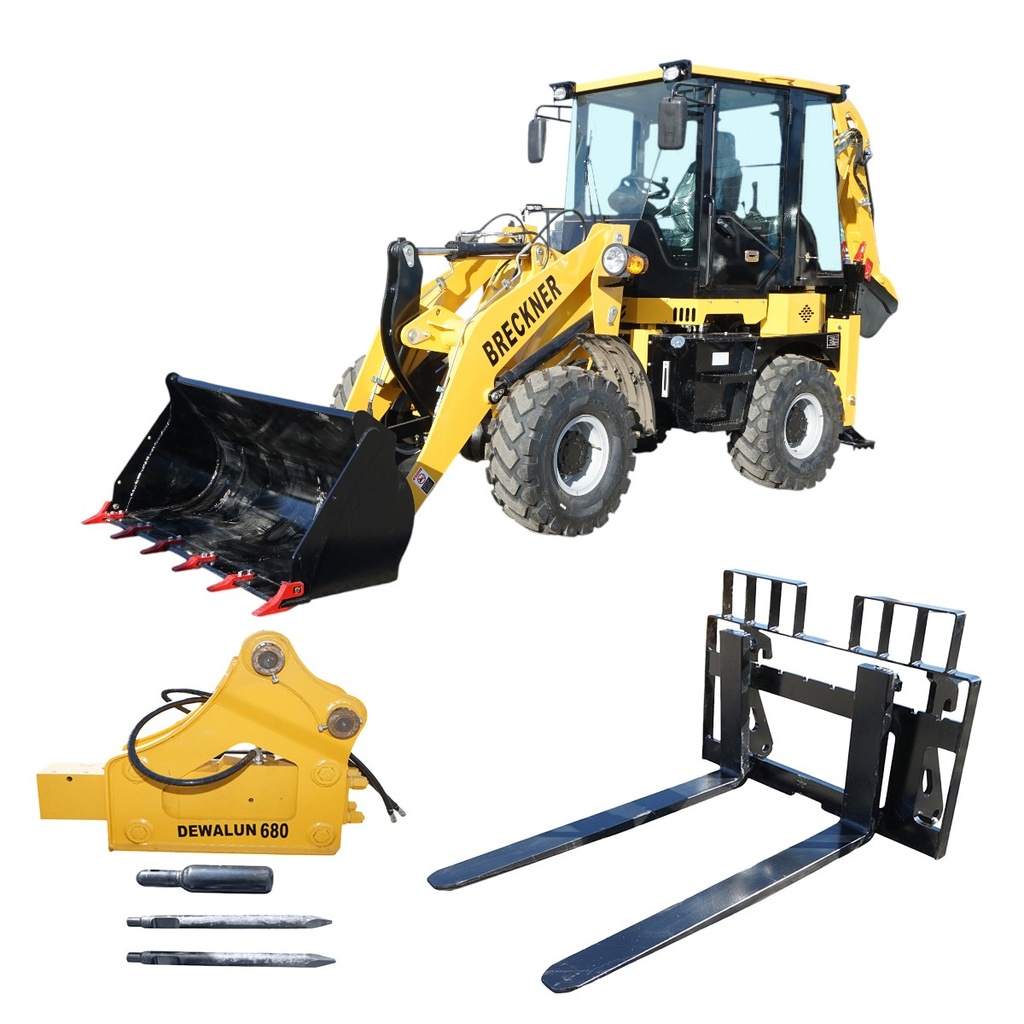 Buldoexcavator articulat compact 1.8T, motor diesel 61CP Euro 5 cu brat excavator, cupa frontala, furci paleti, picon hidraulic