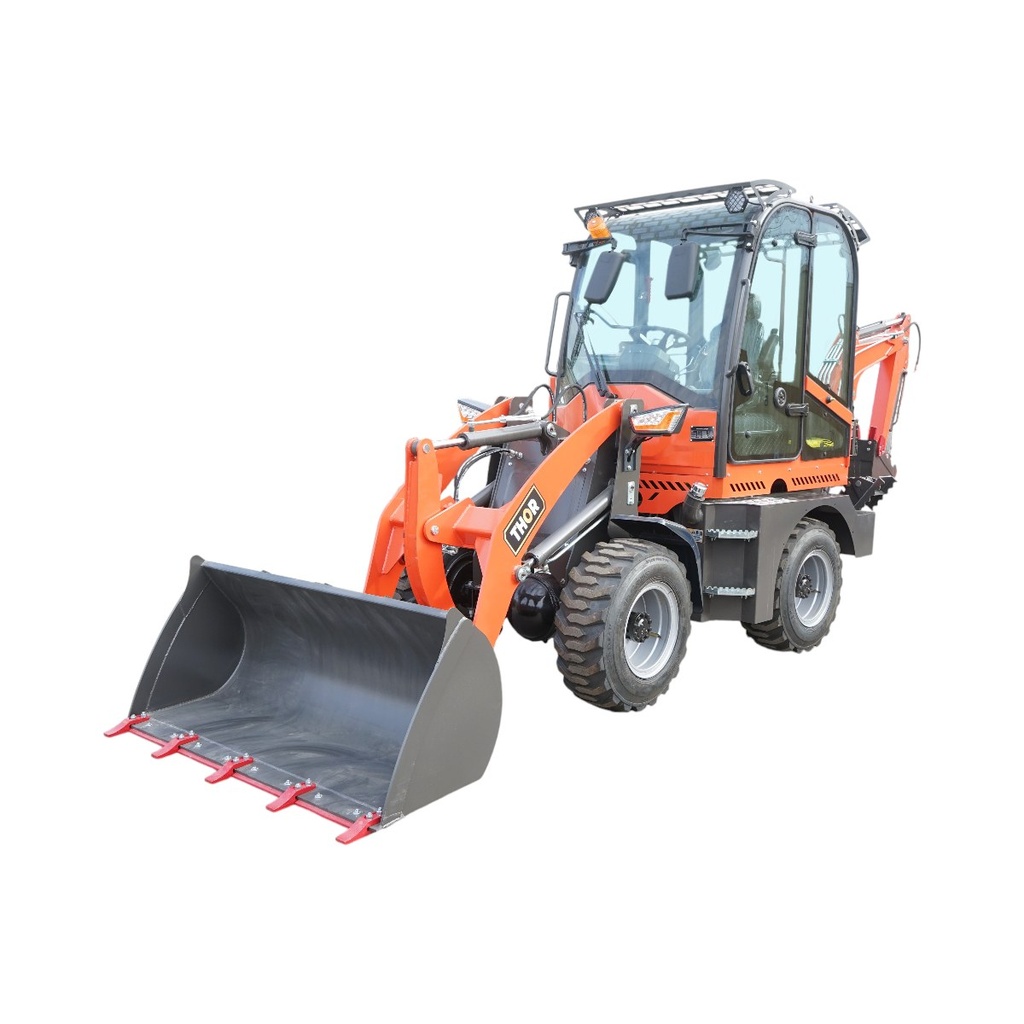 Buldoexcavator articulat compact 2.8T, motor diesel 50CP, cupa frontala si brat excavare spate THOR