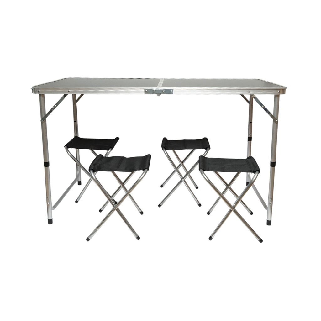 Set masa pliabila camping cu 4 scaune din aluminiu, portabila tip valiza, reglabila pe inaltime 120x60cm