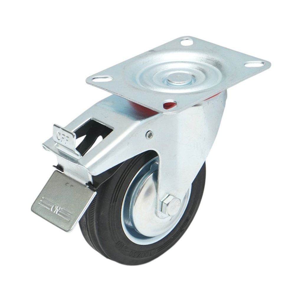 Roata pivotanta industriala 100x30mm cu frana, cauciuc plin negru, placa otel 100x80mm 55kg