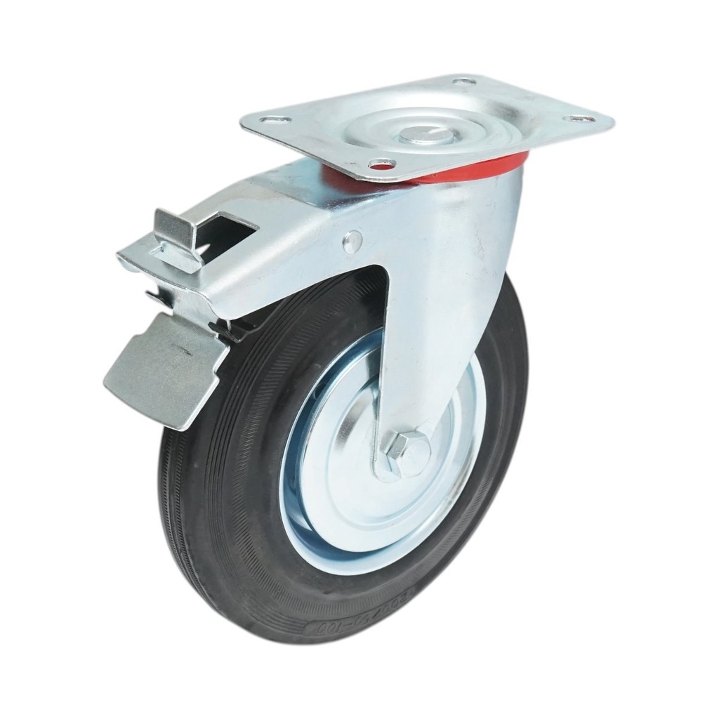 Roata pivotanta industriala 200x44mm cu frana, cauciuc plin negru, placa otel 135x105mm 140kg