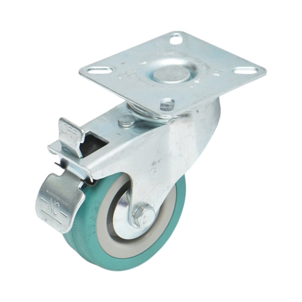 Roata pivotanta 65x19mm cu frana, cauciuc plin albastru, placa otel 65x65mm 35kg