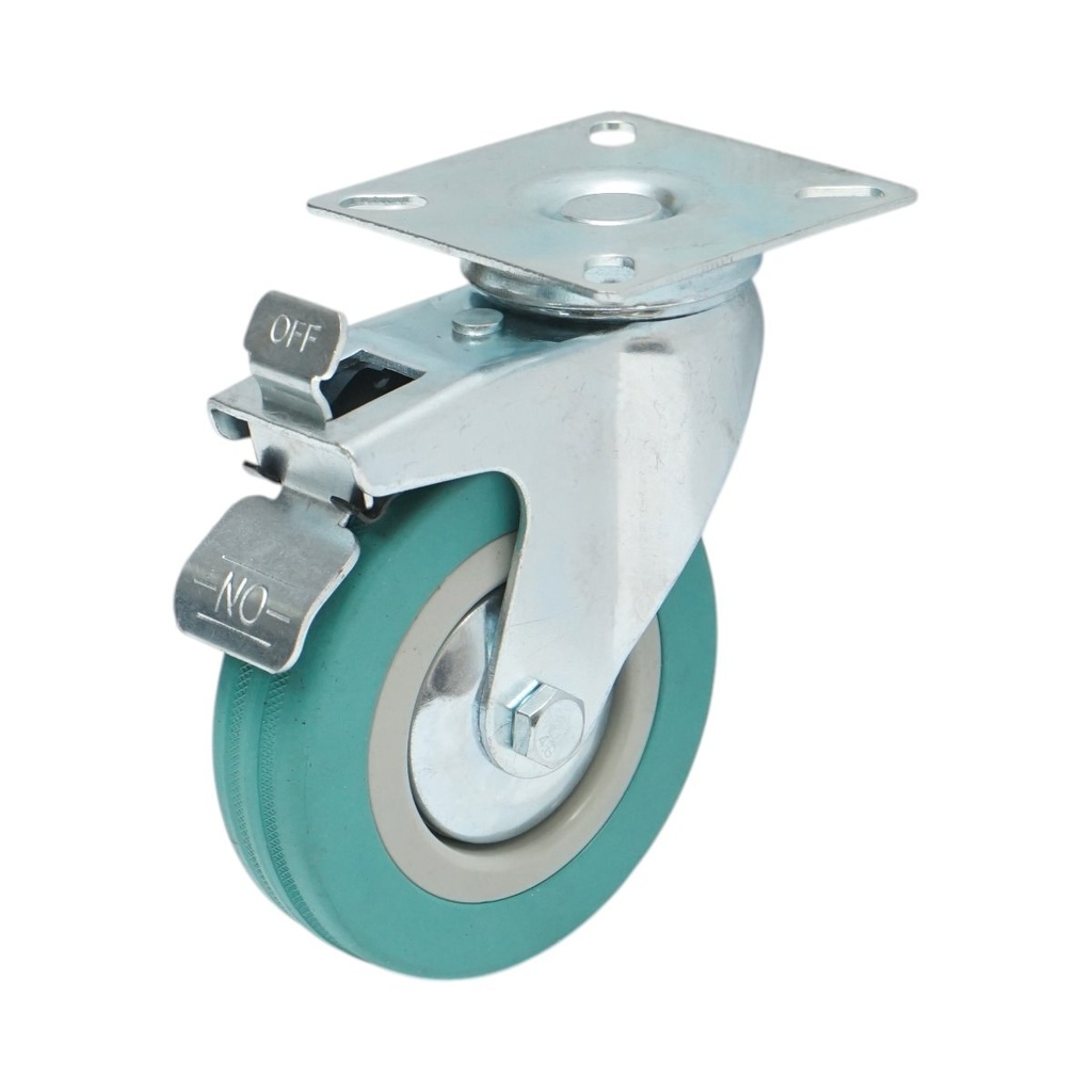 Roata pivotanta 100x26mm cu frana, cauciuc plin albastru, placa otel 75x75mm 55kg