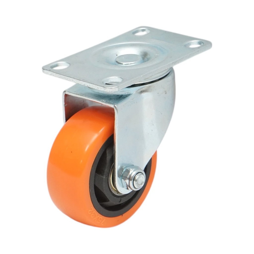 Roata pivotanta 75x31mm fara frana, PVC portocaliu, placa otel 94x63mm 80kg
