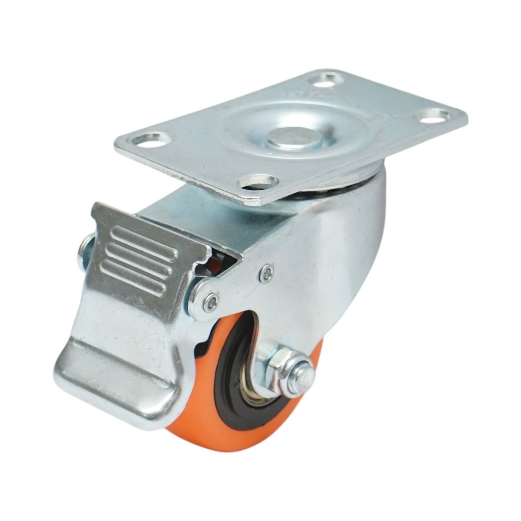 Roata pivotanta 64x31mm cu frana, PVC portocaliu, placa otel 94x63mm 60kg