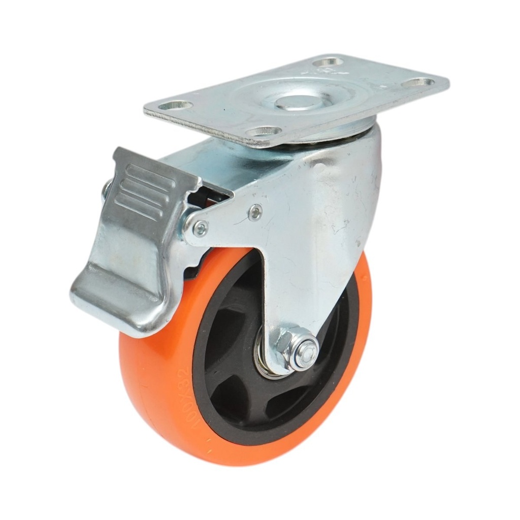 Roata pivotanta 100x31mm cu frana, PVC portocaliu, placa otel 94x63mm 90kg