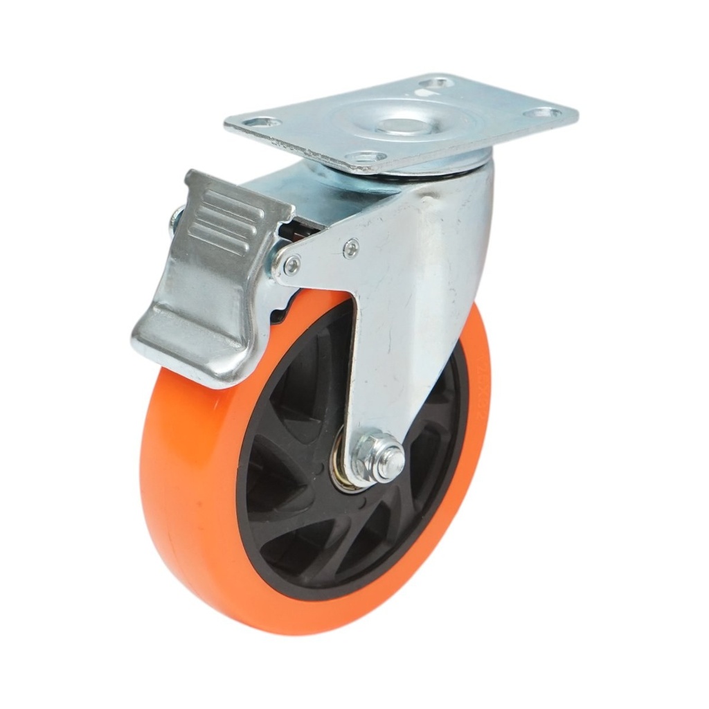 Roata pivotanta 125x31mm cu frana, PVC portocaliu, placa otel 94x63mm 100kg