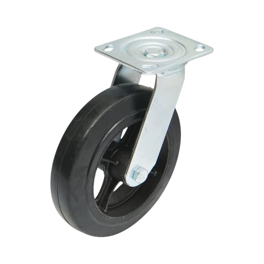 Roata pivotanta industriala 200x50mm fara frana, cauciuc plin negru, placa otel 115x100mm 220kg