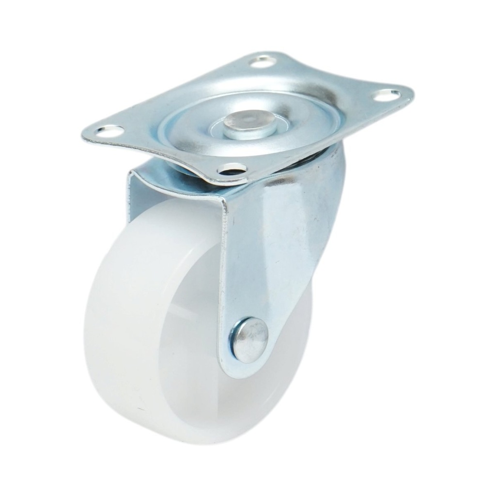 Roata pivotanta 50x22mm fara frana, polipropilena alba, placa otel 58x47mm 30kg