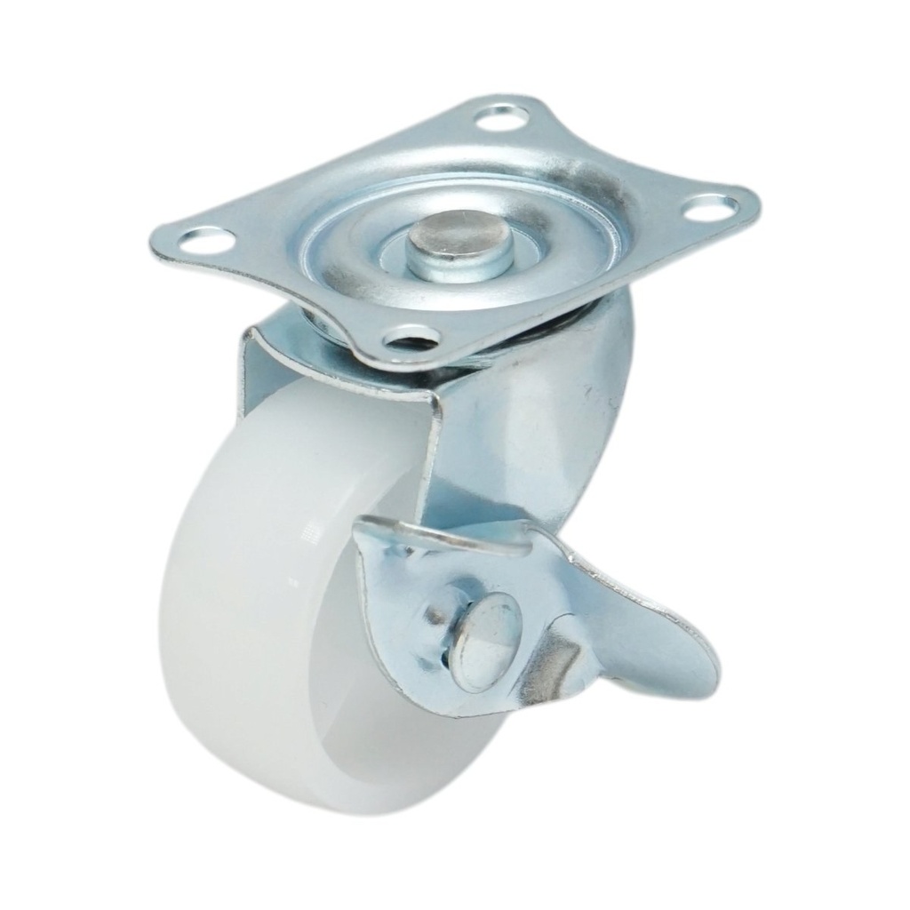 Roata pivotanta 40x17mm cu frana, polipropilena alba, placa otel 45x38mm 20kg