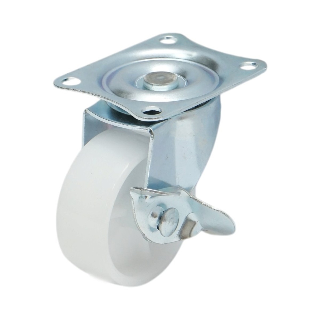 Roata pivotanta 50x22mm cu frana, polipropilena alba, placa otel 58x47mm 30kg